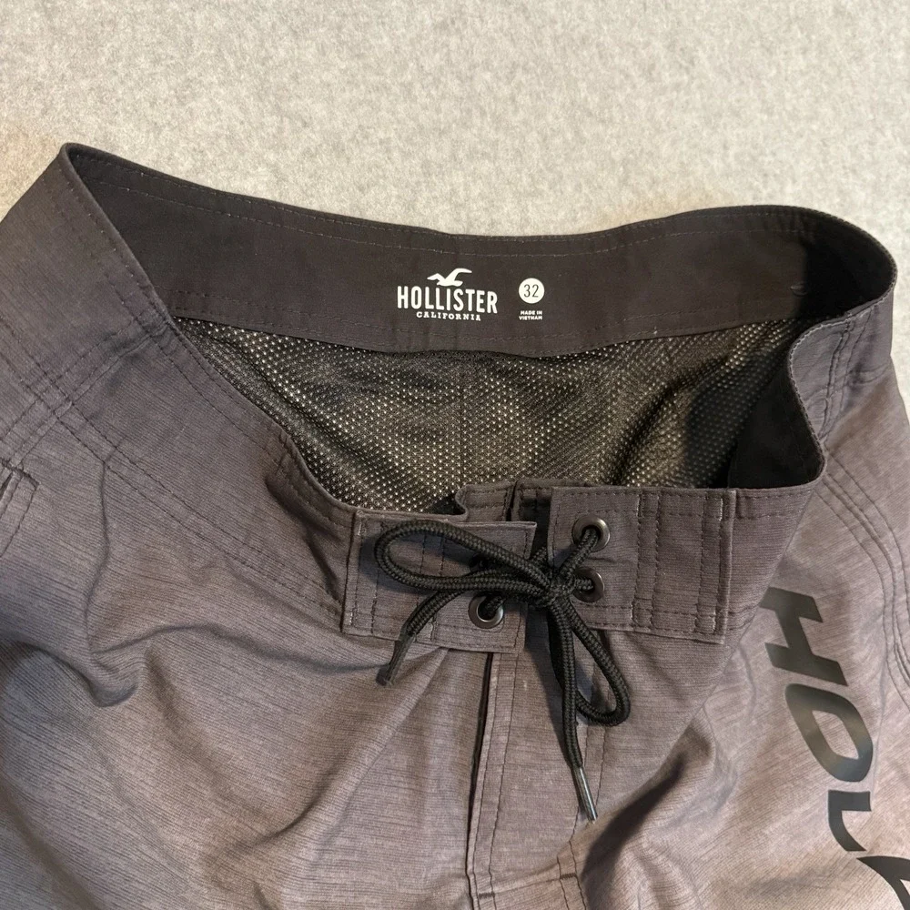 Hollister Mens 32 Swim Board Shorts Gray White Ombre Gradient Logo Trunks
